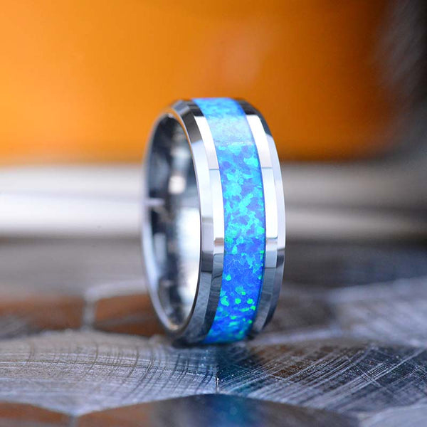 Men's Tungsten Band | Blue Opal Bar Inlay | Tungsten Ring | Engagement Ring | Laser Engrave | Ice Finish Center | Men's Opal deals Wedding Ring