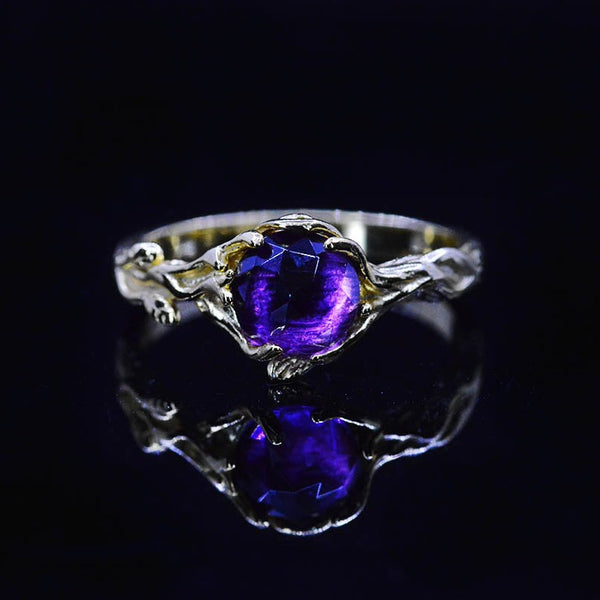 Silver Dainty Natural Amethyst Ring. Round Amethyst Floral Twig