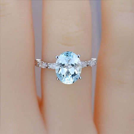 3 Carat Oval Shaped Giliarto Genuine Natural Aquamarine White Gold Engagement Ring