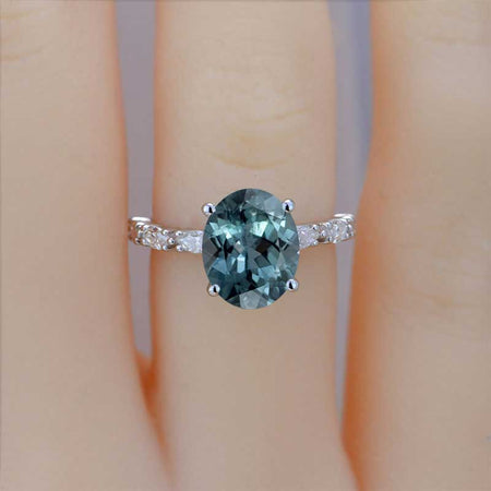 3 Carat Oval Shaped Teal Sapphire White Gold Engagement Ring