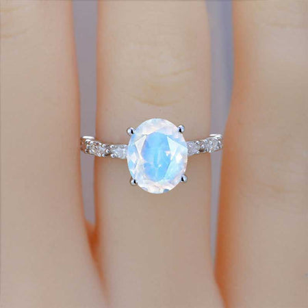 3 Carat Oval Shaped Natural Moonstone White Gold Engagement Ring