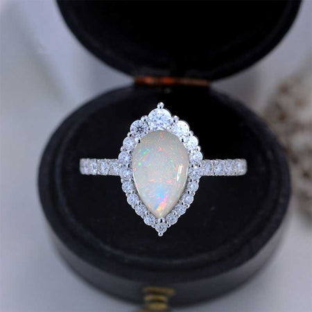 Luxury 3 Carat Pear Cut Halo White Opal 14K Solid White Gold