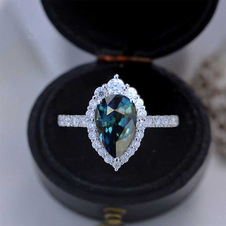 Luxury 3 Carat Pear Cut Halo Teal Sapphire 14K Solid White Gold