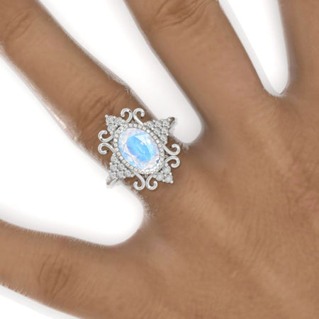 3 CT Oval Halo Genuine Moonstone Vintage Wedding Ring. 14K Solid Gold Engagement Ring Anniversary Ring, Floral Halo Ring