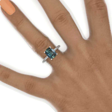 2.5 Carat Cushion Cut Vintage style Halo Teal Sapphire White Gold Engagement Ring