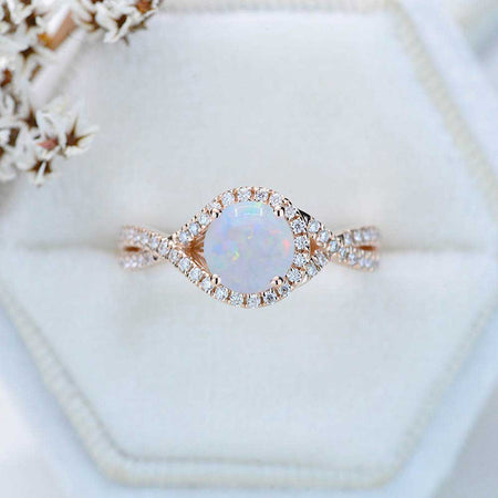 Knot Halo Genuine White Opal Engagement Ring. Classic lace Victorian 14K White Gold Ring