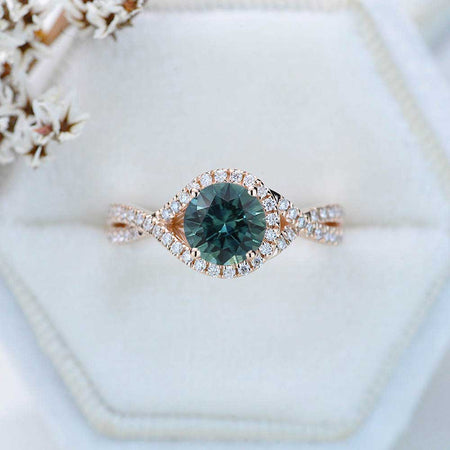 Knot Halo Teal Sapphire Engagement Ring. Classic lace Victorian 14K White Gold Ring