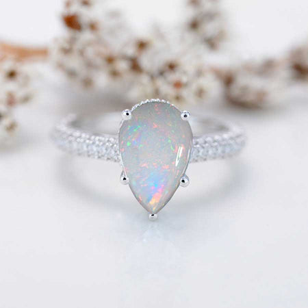 3 Carat Pear Cut Genuine White Opal Hidden Halo Gold Engagement Ring