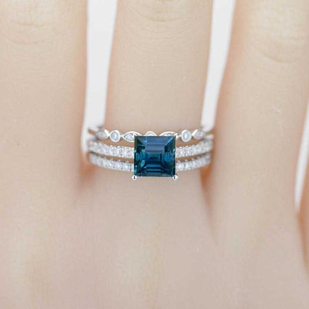 14K White Gold 2 Carat Princess Cut Teal Sapphire Engagement Ring Eternity Ring Set