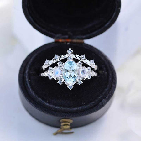 1 Carat Oval Genuine Natural Aquamarine Halo 14K White Gold Floral Engagement Ring Set