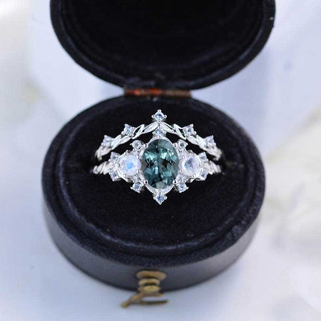 1 Carat Oval Teal Sapphire Halo 14K White Gold Floral Engagement Ring Set