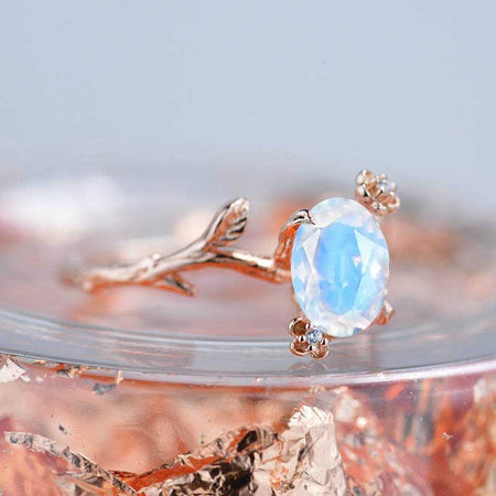 14K Rose Gold Dainty Natural Moonstone Leaf Ring, 2ct Oval Natural Moonstone Twig Ring, Rose Gold Ring Unique Curved Vintage Floral Ring