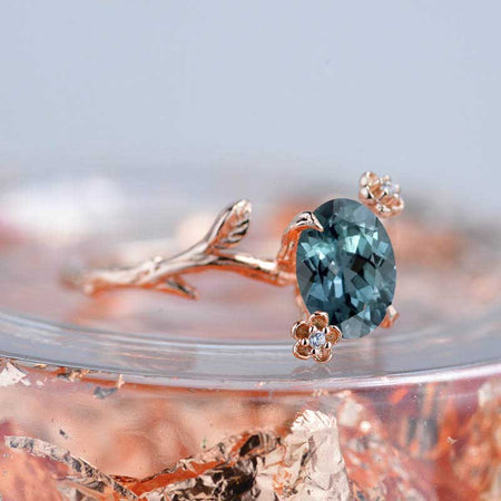 14K Rose Gold Dainty Teal Sapphire Leaf Ring, 2ct Oval Teal Sapphire Twig Ring, Rose Gold Ring Unique Curved Vintage Floral Ring