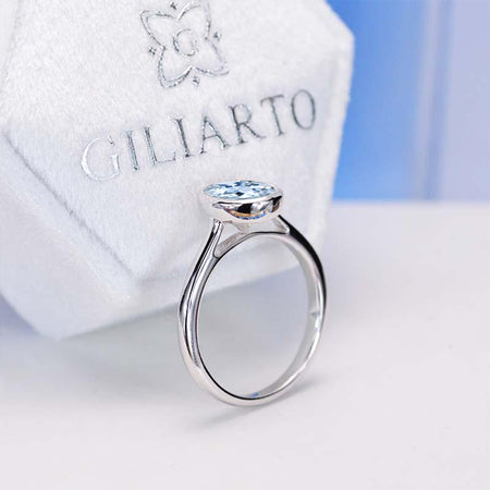 3 Carat Oval Genuine Natural Aquamarine Bezel Set White Gold Engagement Ring