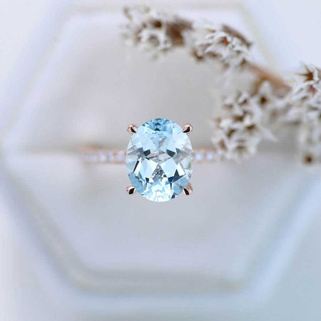 2 Carat Genuine Natural Aquamarine Oval Cut Hidden Halo Rose Gold Engagement  Ring