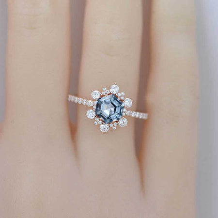 3 Carat Hexagonal Genuine Natural Aquamarine Snowflake Halo Engagement Ring. Victorian Rainbow 14K Rose Gold Ring