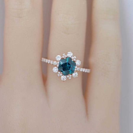 3 Carat Hexagonal Teal Sapphire Snowflake Halo Engagement Ring. Victorian Rainbow 14K Rose Gold Ring