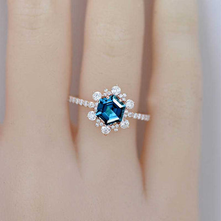 3 Carat Hexagonal Cornflower Sapphire Snowflake Halo Engagement Ring. Victorian Rainbow 14K Rose Gold Ring