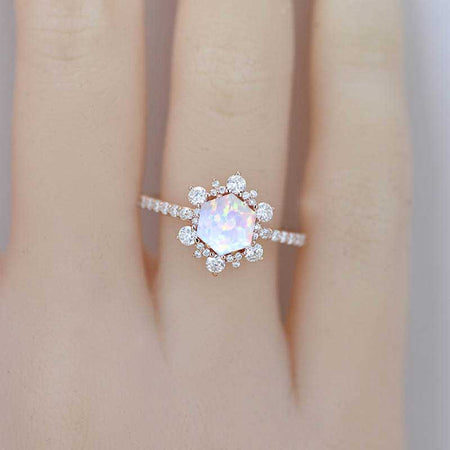 3 Carat Hexagonal Genuine White Opal Snowflake Halo Engagement Ring. Victorian Rainbow 14K Rose Gold Ring