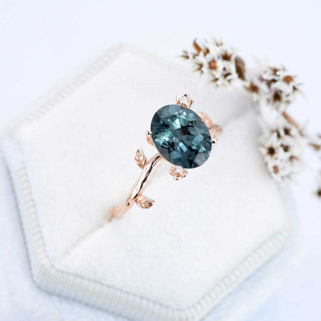 14K Rose Gold Dainty Teal Sapphire Leaf Ring