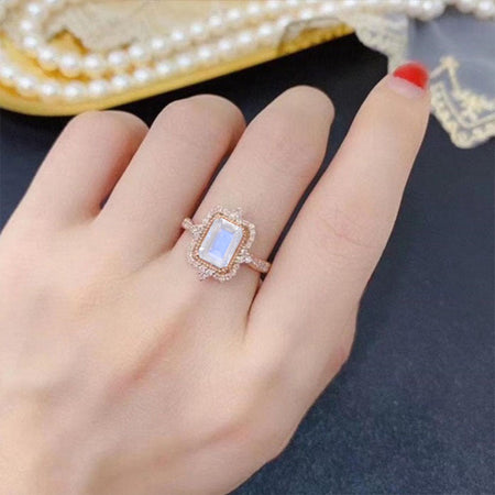 3Ct Emerald Cut Halo Genuine moonstone Ring, Genuine moonstone ring, Vintage Natural Genuine moonstone Ring, Genuine Genuine moonstone  Emerald Cut Ring