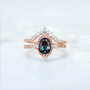 Alexandrite Ring Set, 2ct Oval Cut Alexandrite Vintage Ring Set, Rose Gold Ring Unique Curved Ring