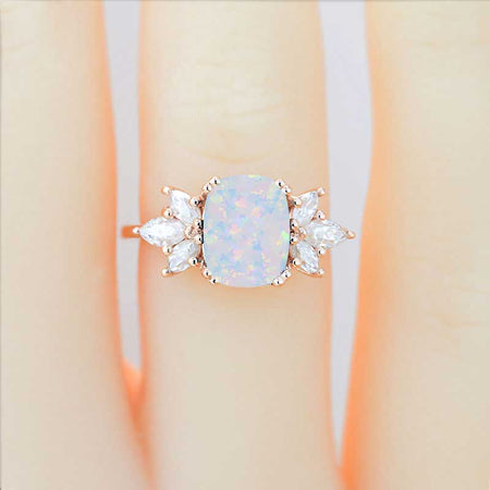 2Ct Cushion Cut White Opal Vintage Engagement Ring, Cushion White Opal Engagement Ring, Marquise Side Accents Stones 14K Rose Gold Ring