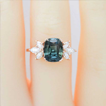 2Ct Cushion Cut Teal Sapphire Vintage Engagement Ring, Cushion Teal Sapphire Engagement Ring, Marquise Side Accents Stones 14K Rose Gold Ring