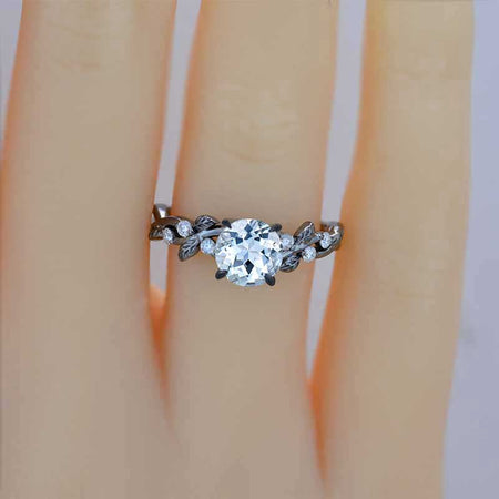 Round Brilliant Cut Genuine Natural Aquamarine Floral Black Gold Engagement Ring