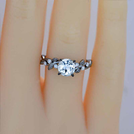 2 Carat Round Brilliant Cut Genuine Natural Aquamarine Floral Black Gold Engagement Ring