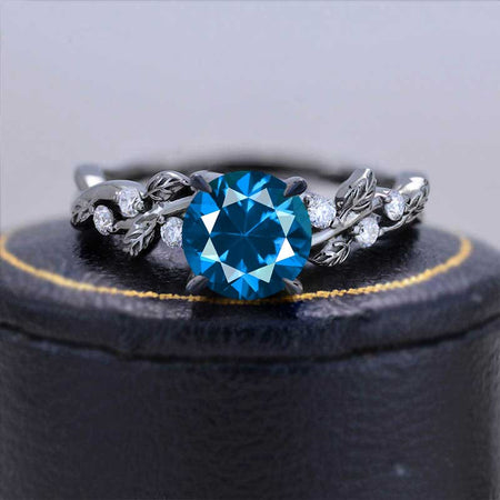 Round Brilliant Cut Cornflower Sapphire Floral Black Gold Engagement Ring