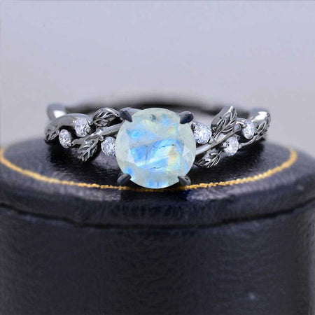 Round Brilliant Cut Natural Moonstone Floral Black Gold Engagement Ring