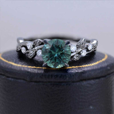 Round Brilliant Cut Teal Sapphire Floral Black Gold Engagement Ring