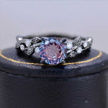 Round Portuguese Cut Alexandrite Floral Black Gold Engagement Ring