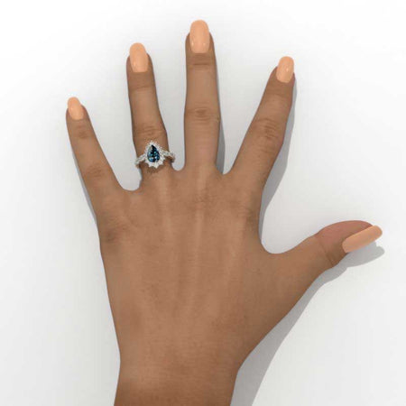 14K White Gold 3 Carat Pear Teal Sapphire Halo Engagement Ring