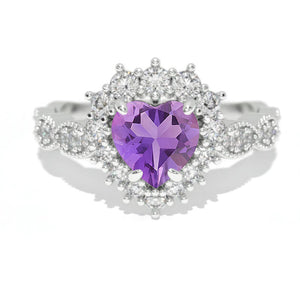 14K White Gold 1.5 Carat Heart Natural Amethyst Halo Engagement Ring