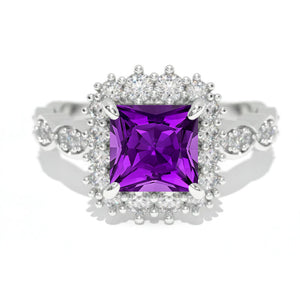 14K White Gold 1.5 Carat Princess Natural Amethyst Halo Engagement Ring