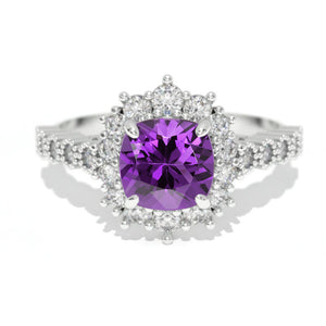 14K White Gold 1.2 Carat Cushion Natural Amethyst Halo Engagement Ring