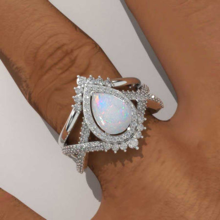 14K White Gold 1.5 Carat Pear Genuine White Opal Halo Twisted Engagement Ring Eternity Ring Set