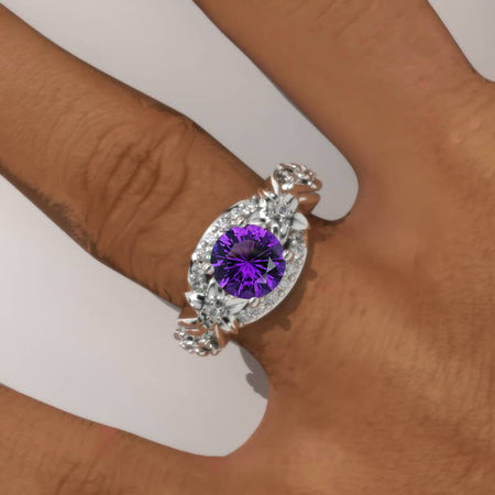 1.5 Carat Natural Amethyst Gold Floral Engagement Ring