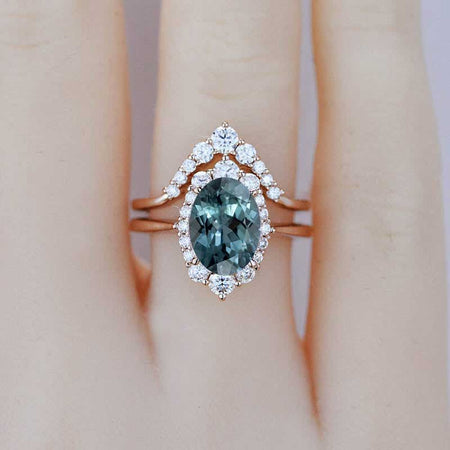 3 Carat Oval Teal Sapphire Halo Engagement Ring, Promise Ring For Her,  Teal Sapphire Wedding Ring, 14K Gold Oval Teal Sapphire Engagement Ring Set