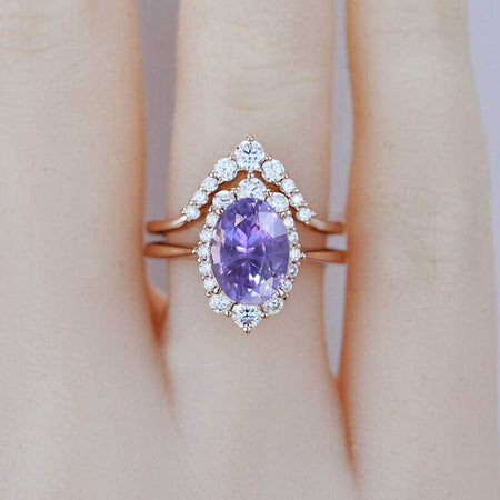 3 Carat Oval Purple Sapphire Halo Engagement Ring, Promise Ring For Her, Purple Sapphire Wedding Ring, 14K Gold Oval Purple Sapphire Engagement Ring Set