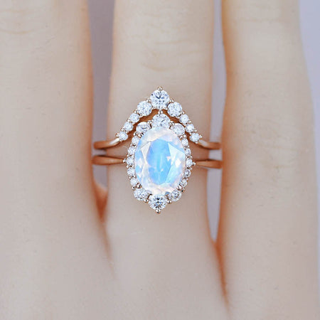 3 Carat Oval Genuine Moonstone Halo Engagement Ring, Promise Ring For Her, Genuine Moonstone Wedding Ring, 14K Gold Oval Genuine Moonstone Engagement Ring Set