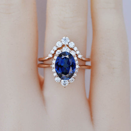 3 Carat Oval Blue Sapphire Halo Engagement Ring, Promise Ring For Her, Blue Sapphire Wedding Ring, 14K Gold Oval Alexandrite Engagement Ring Set