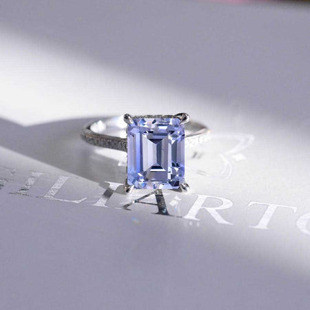 5 Carat Giliarto Emerald Cut Purple Sapphire Hidden Halo Engagement White Gold Ring