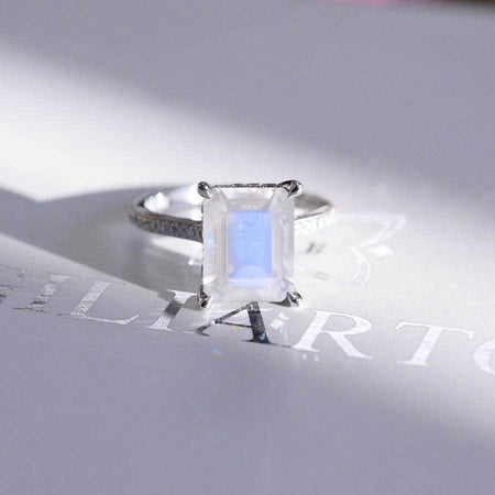 5 Carat Emerald Cut Genuine moonstone Hidden Halo Engagement White Gold Ring