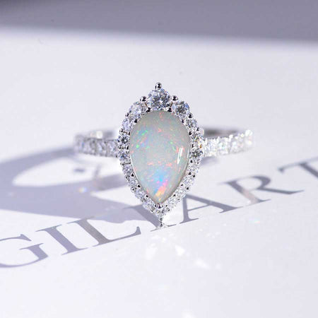 14K Solid White Gold 3 Carat Genuine White Opal Pear Cut Halo Genuine White Opal Ring