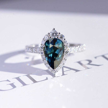 14K Solid White Gold 3 Carat Teal Sapphire Pear Cut Halo  Moissanite Ring