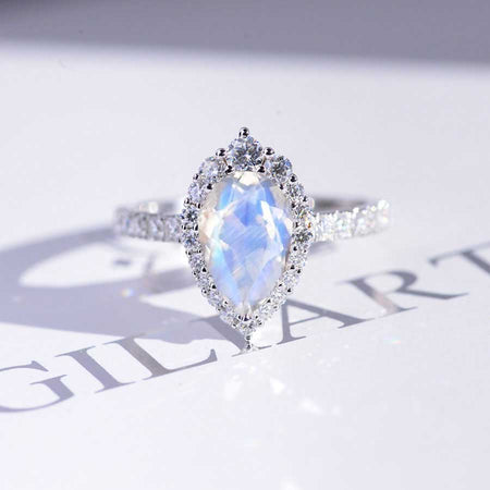 14K Solid White Gold 3 Carat Genuine moonstone Pear Cut Halo  Moissanite Ring