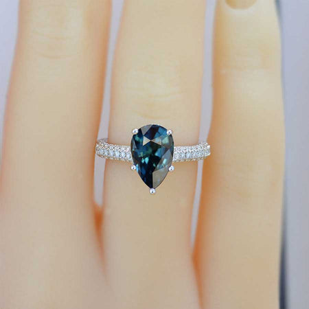 3 Carat Pear Cut Teal Sapphire Hidden Halo Gold Engagement Ring